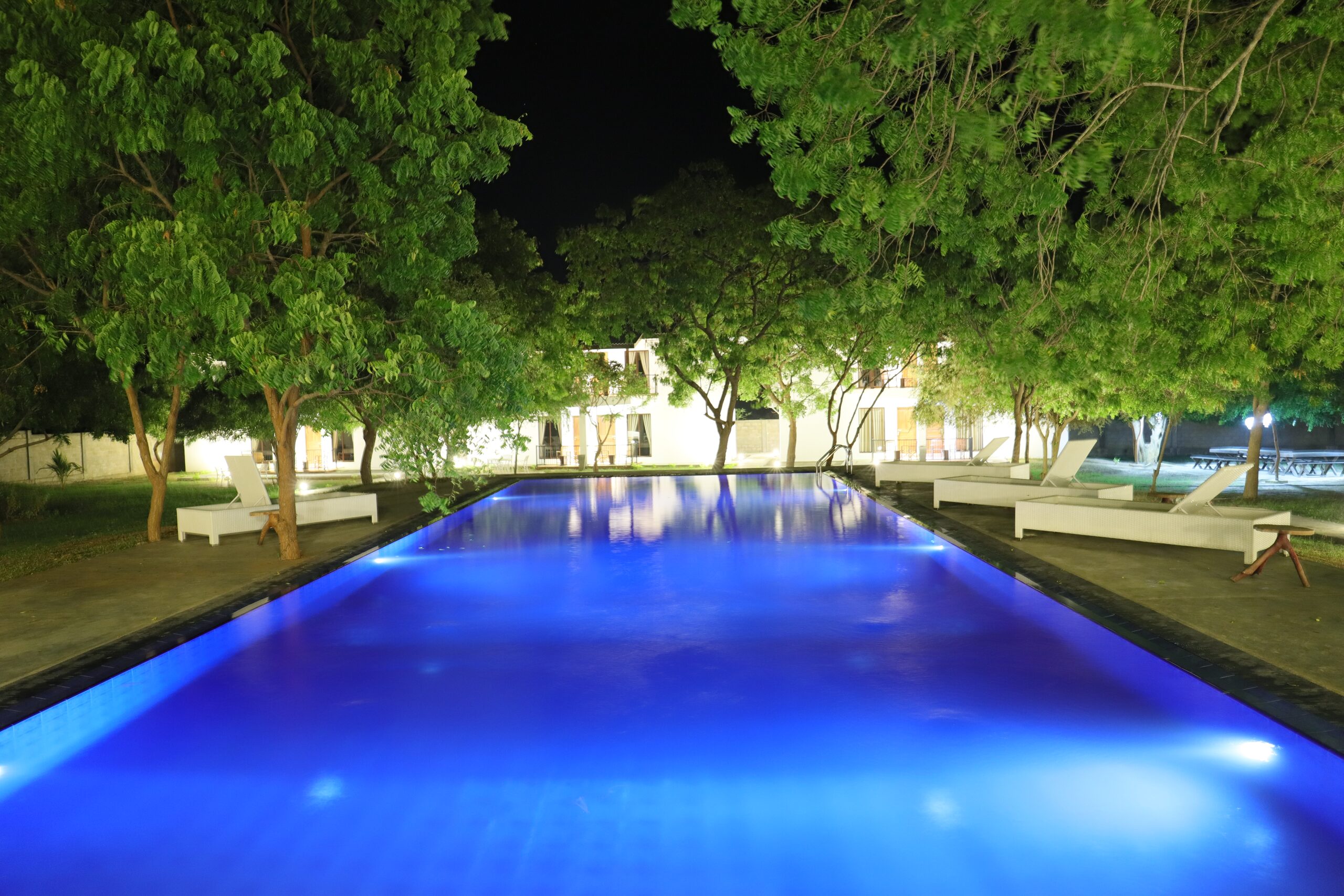Arana's pool lit at night